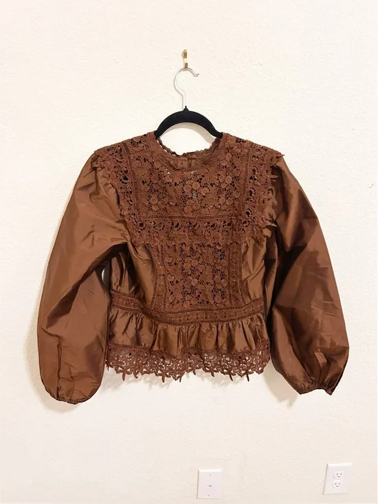NWT By Anthropologie Long-Sleeve Eyelet Lace Blouse Brown - Picture 7 of 7